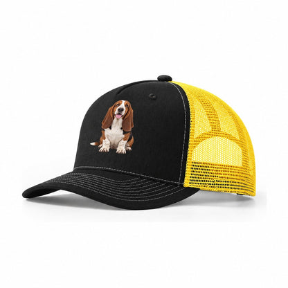 Basset Hound Sitting Top Breeds Trucker Hat – Black Yellow