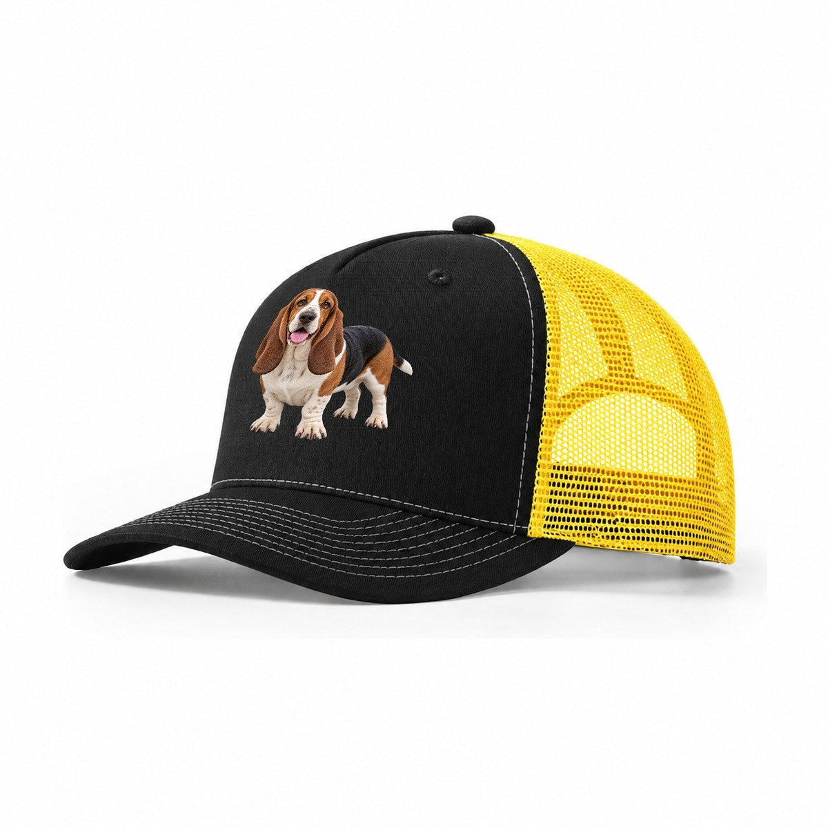 Basset Hound Standing Top Breeds Trucker Hat – Black Yellow