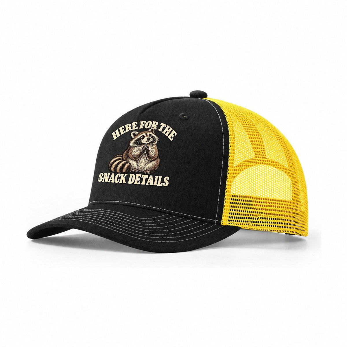 Raccoon Snack Details Character Club Trucker Hat – Black Yellow