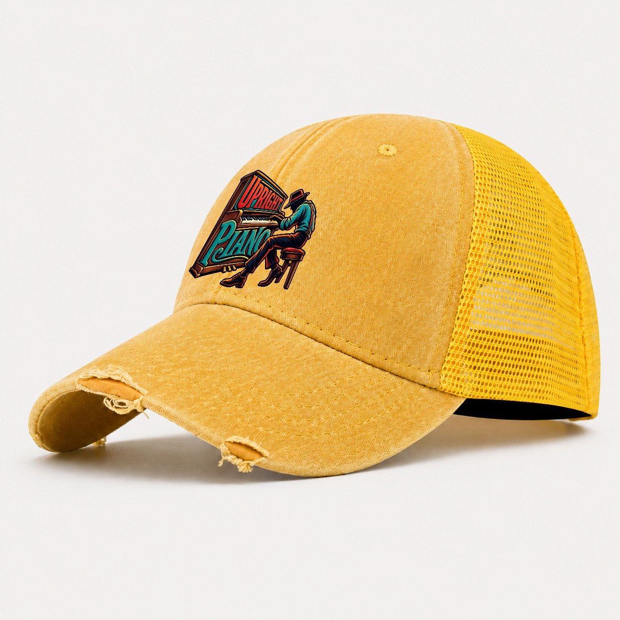 Upright Piano Wordmark Music Instruments Washed Trucker Hat – Yellow