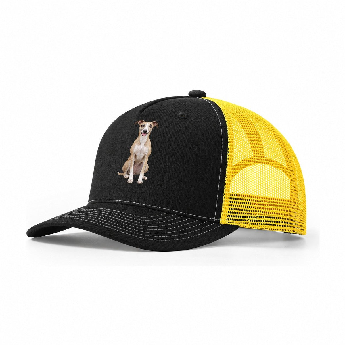 Whippet Sitting Top Breeds Trucker Hat – Black Yellow