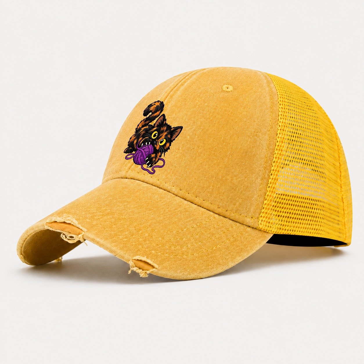 Tortoiseshell Playing Yarn Peeking Cats Washed Trucker Hat – Yellow