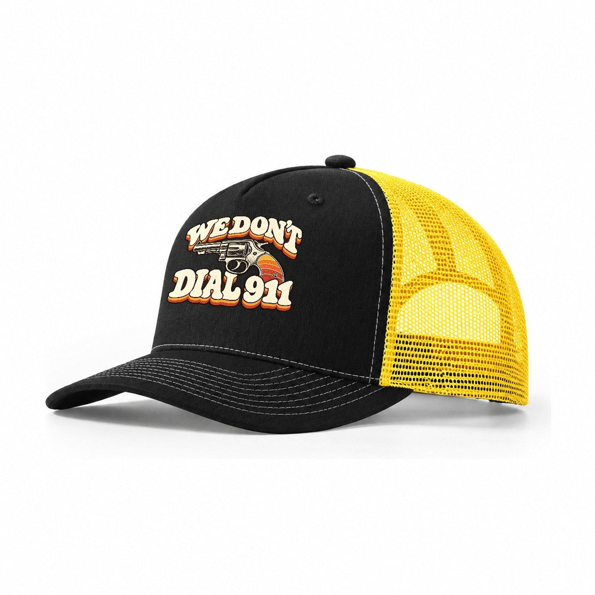 Seventies Sunset We Don't Dial 911 Trucker Hat – Black Yellow