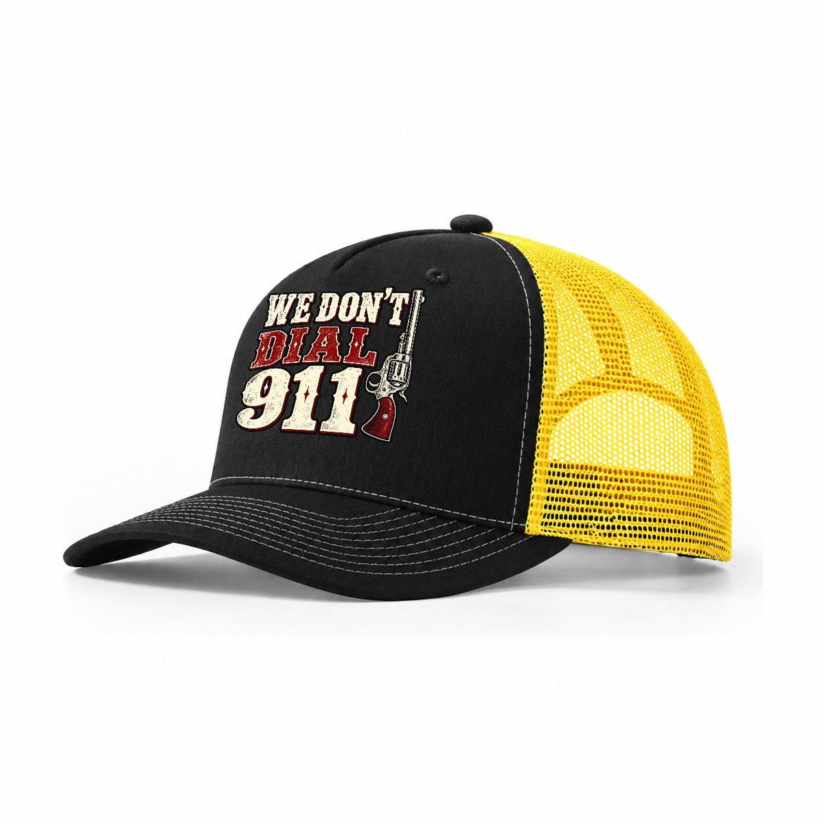 Frontier Letterpress We Don't Dial 911 Trucker Hat – Black Yellow