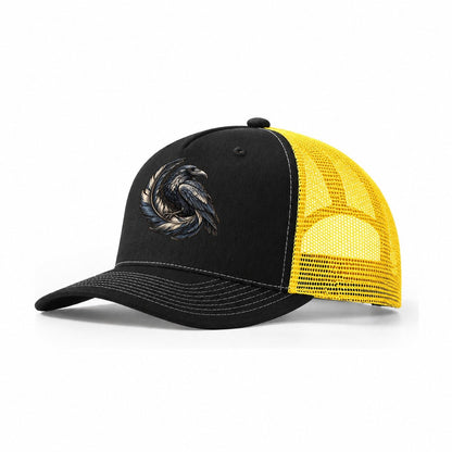 Raven Feather Spiral Everyday Originals Trucker Hat – Black Yellow