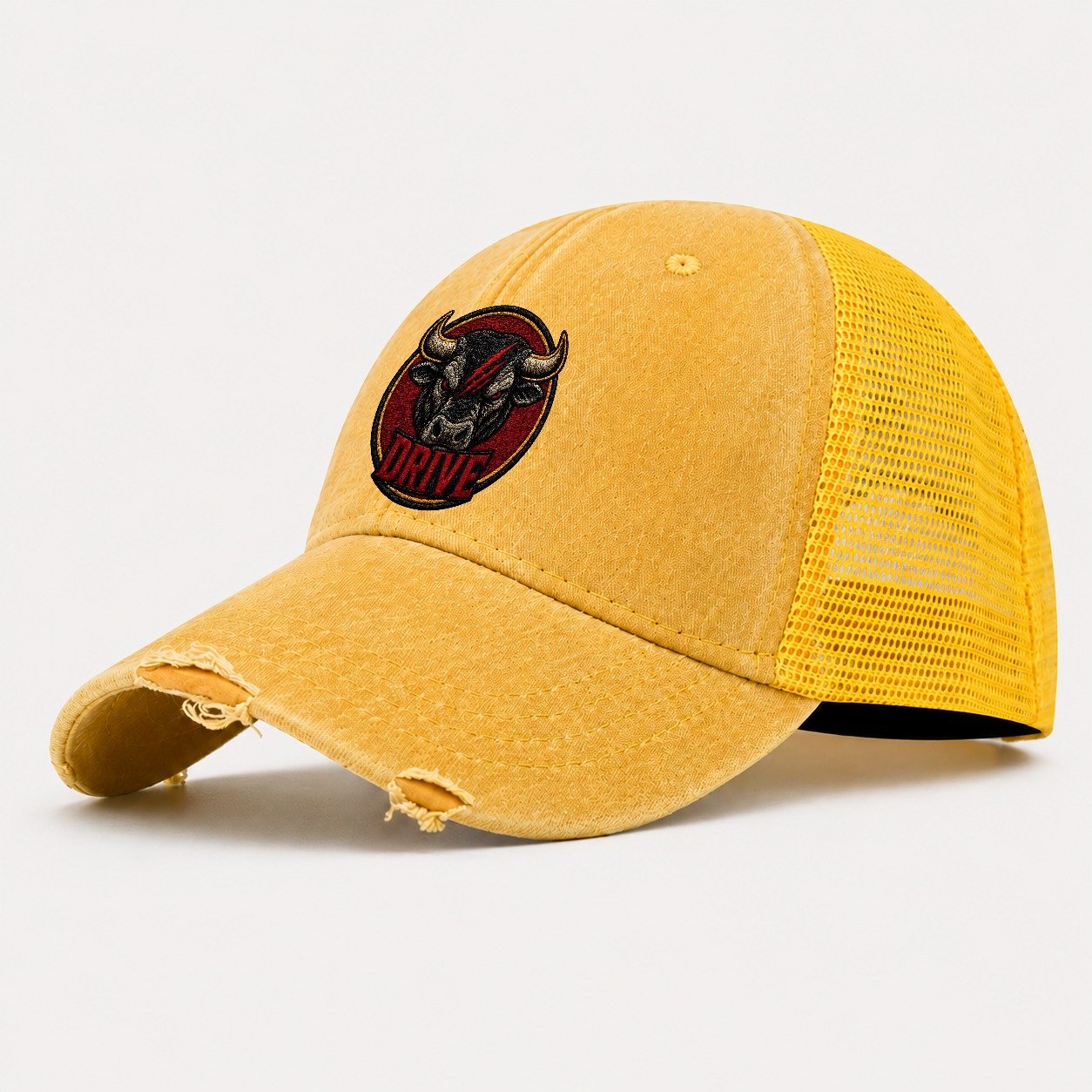Bull Drive Badge Washed Trucker Hat – Yellow