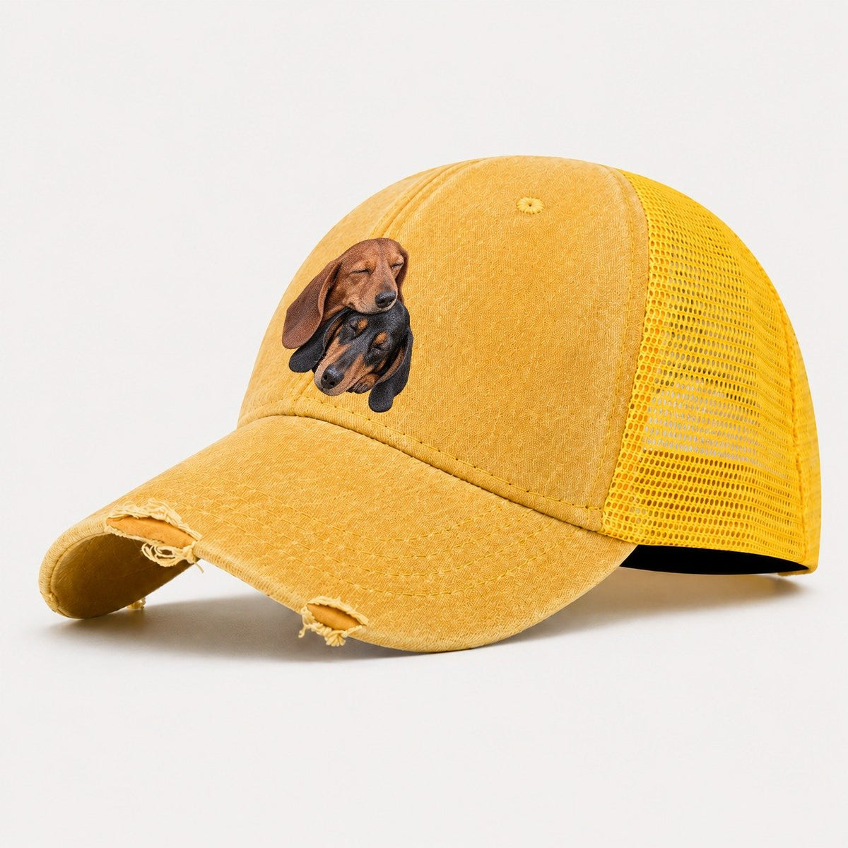 Dachshund Sleeping Pair Character Club Washed Trucker Hat – Yellow