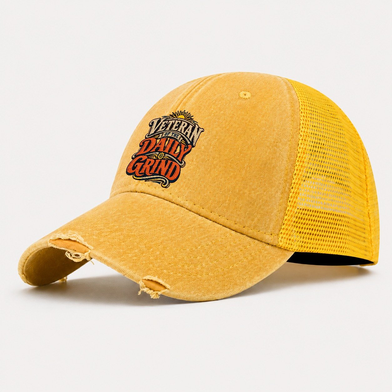 Veteran Of The Daily Grind Retired Living Washed Trucker Hat – Yellow