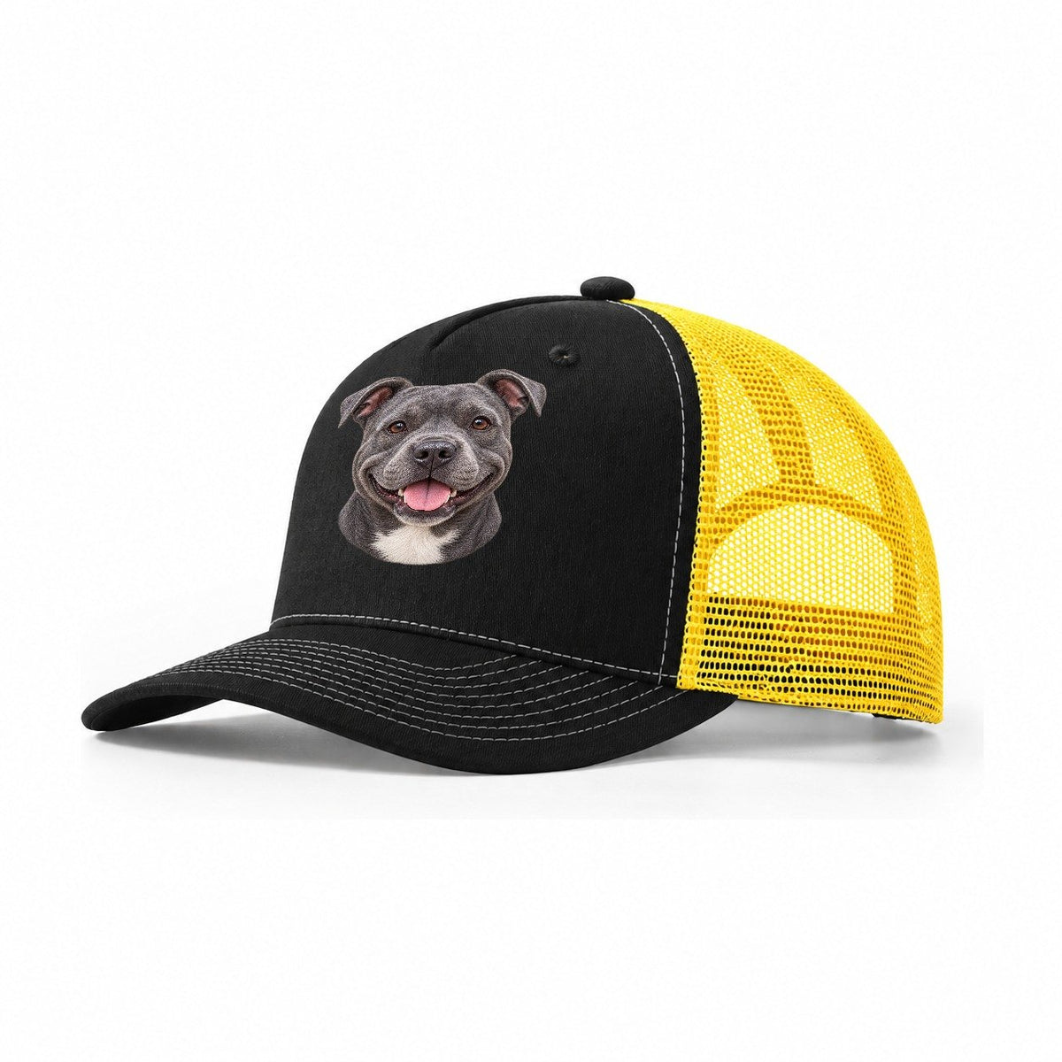 Staffy Blue Velvet Grin Pastimes Companions Trucker Hat – Black Yellow