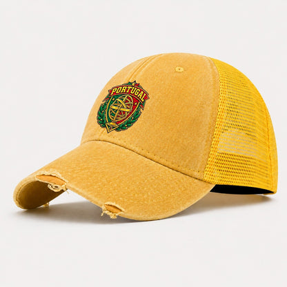 Portugal Retro Badge Country Logos Washed Trucker Hat – Yellow