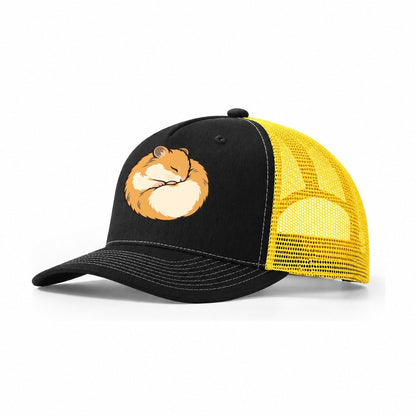 Hamster Curl Nap Small Pet Logos Trucker Hat – Black Yellow