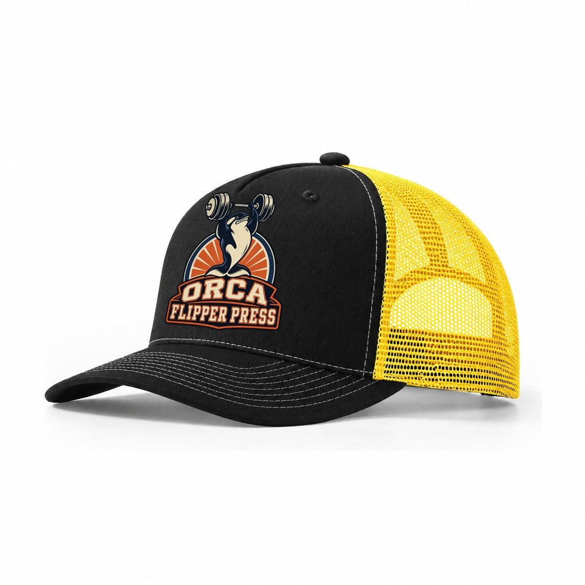 Orca Flipper Press Animal Lifters Trucker Hat – Black Yellow
