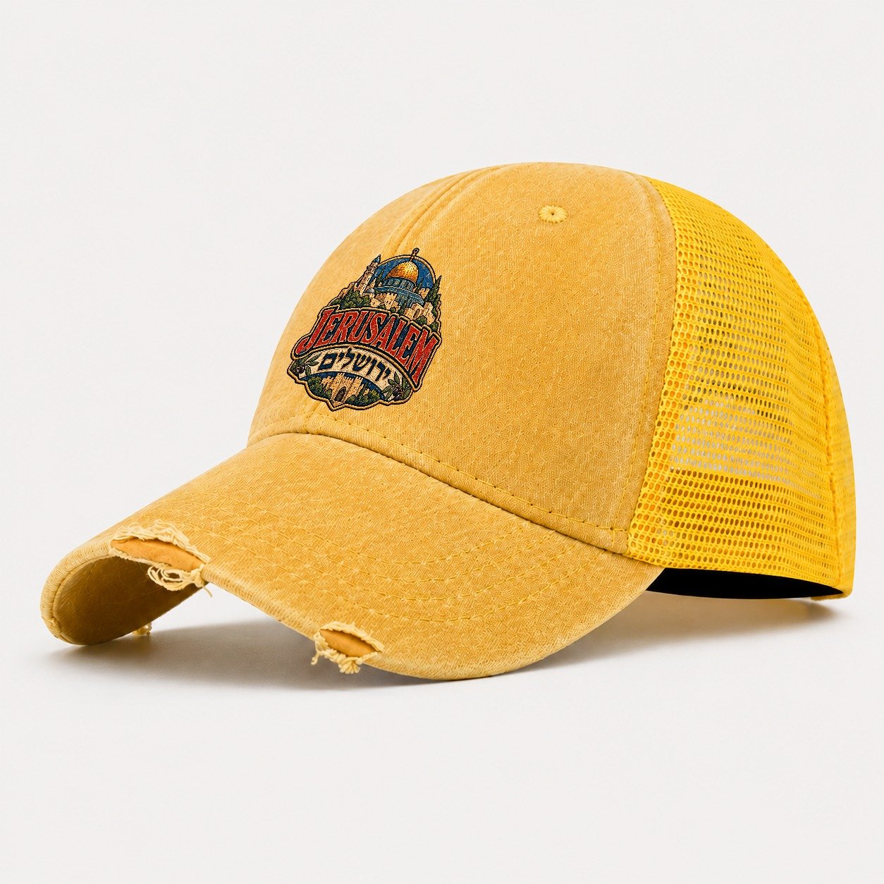 Retro Yerushalayim Script Jerusalem Washed Trucker Hat – Yellow