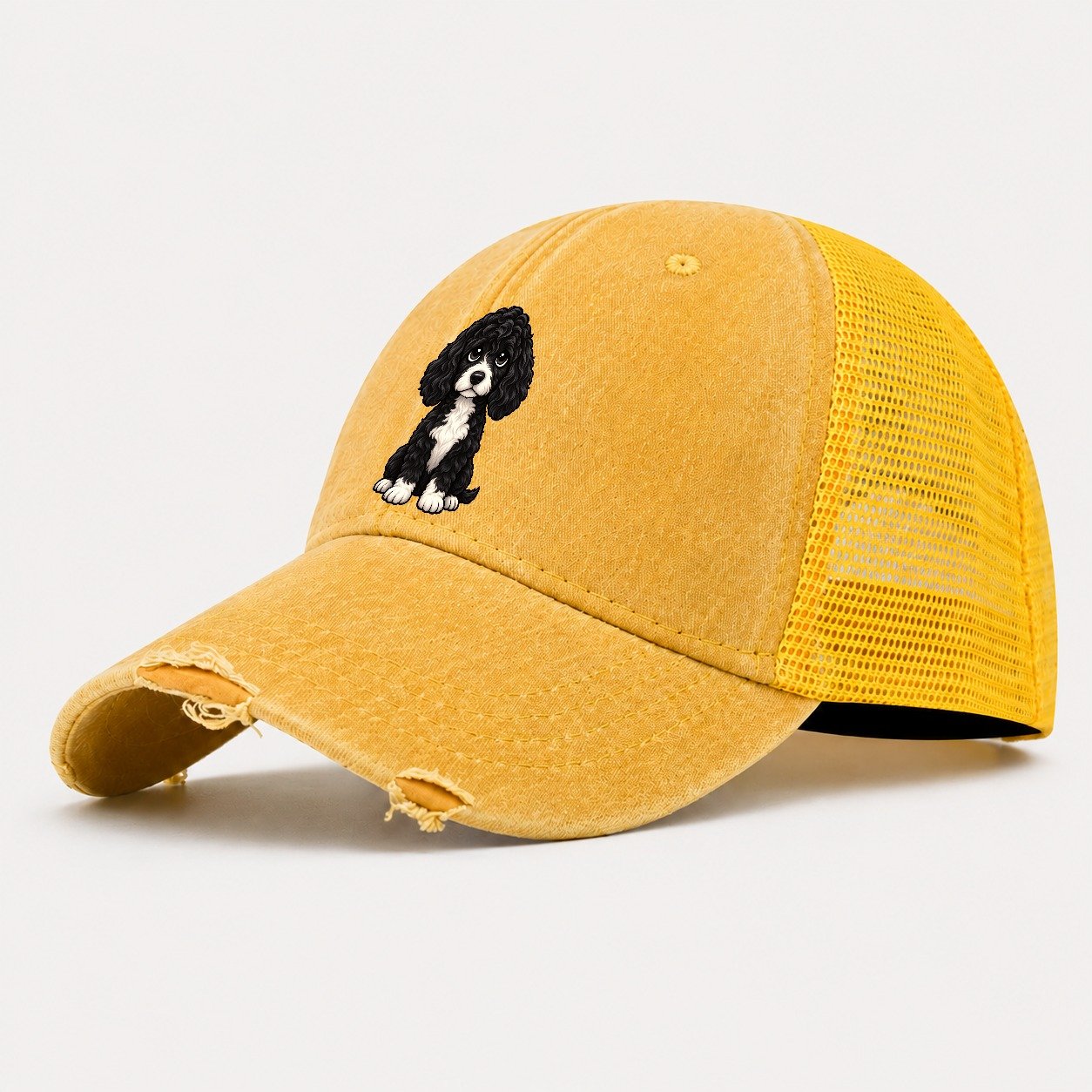 Portuguese Water Dog Sitting Sweetheart Washed Trucker Hat – Yellow