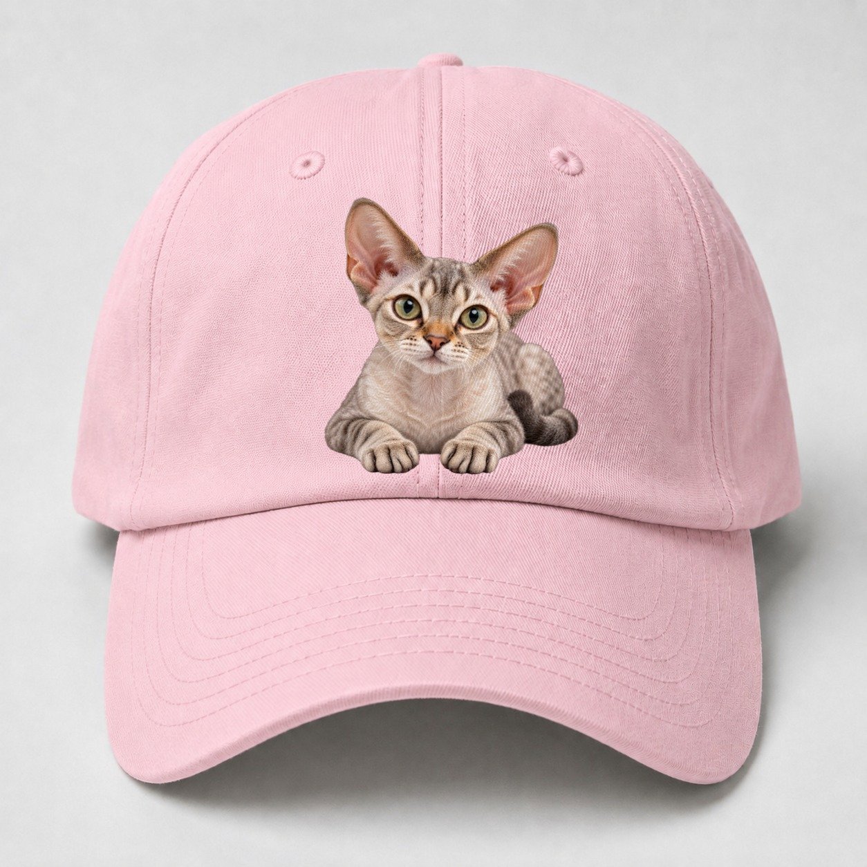 Devon Rex Reclining Paws Forward Realistic Cat Portrait Baseball Cap – Pink