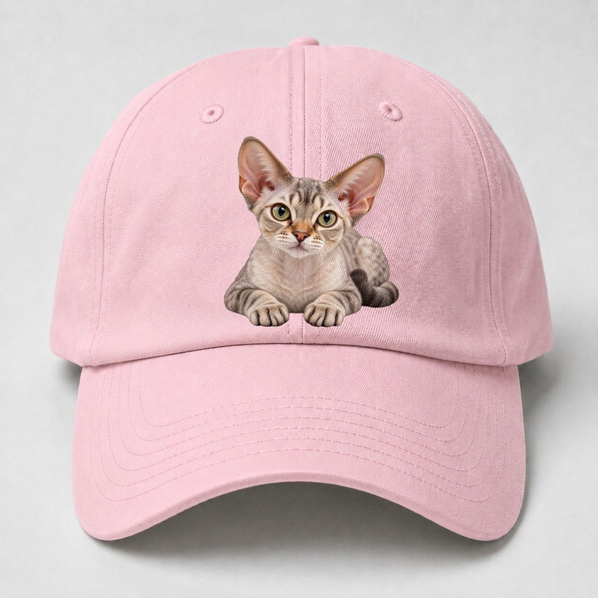 Devon Rex Reclining Paws Forward Realistic Cat Portrait Baseball Cap – Pink