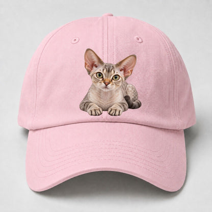 Devon Rex Reclining Paws Forward Realistic Cat Portrait Baseball Cap – Pink