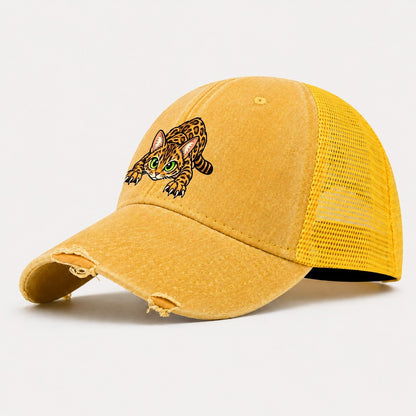 Bengal Crouching Peeking Cats Washed Trucker Hat – Yellow