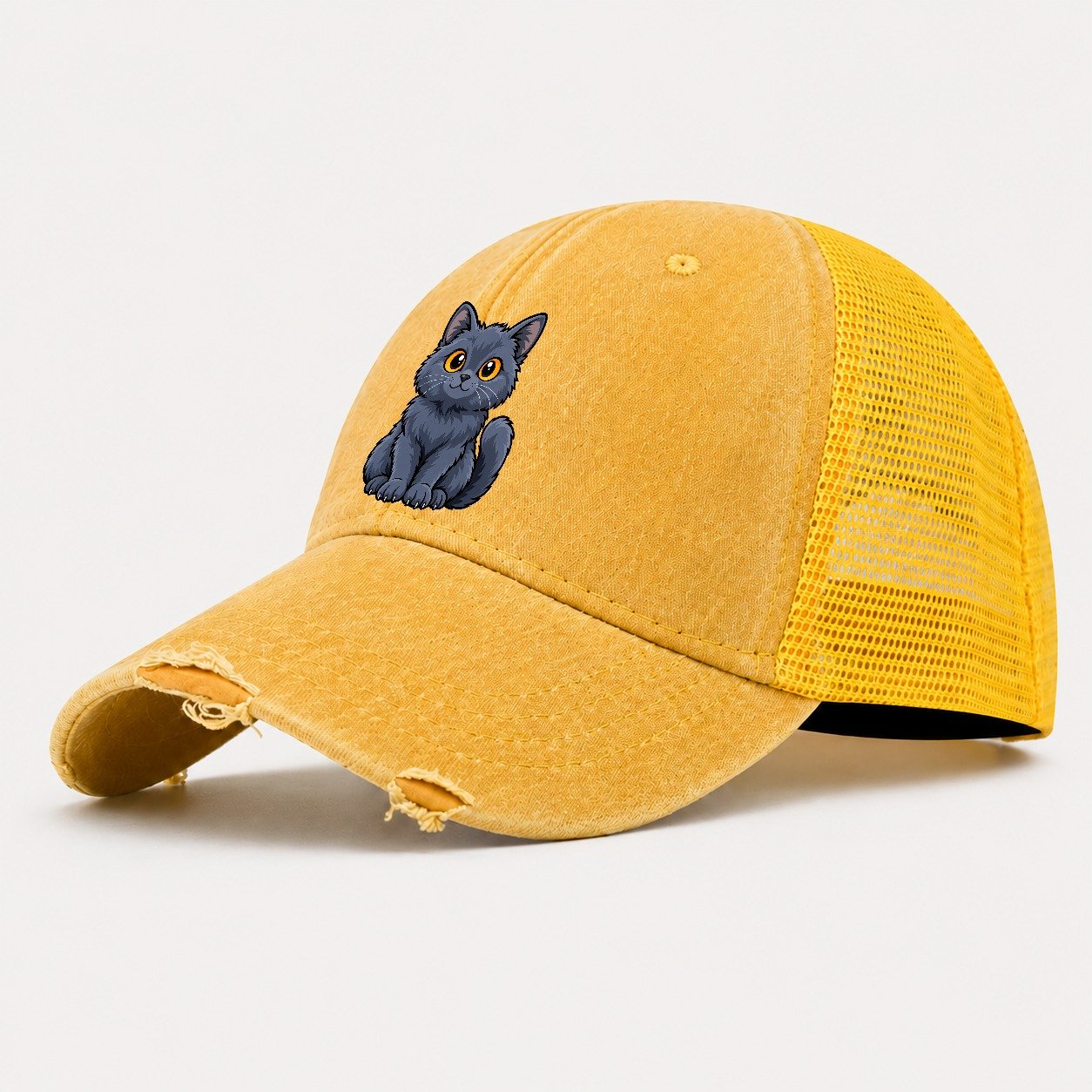 Chartreux Smiling Sit Peeking Cats Washed Trucker Hat – Yellow