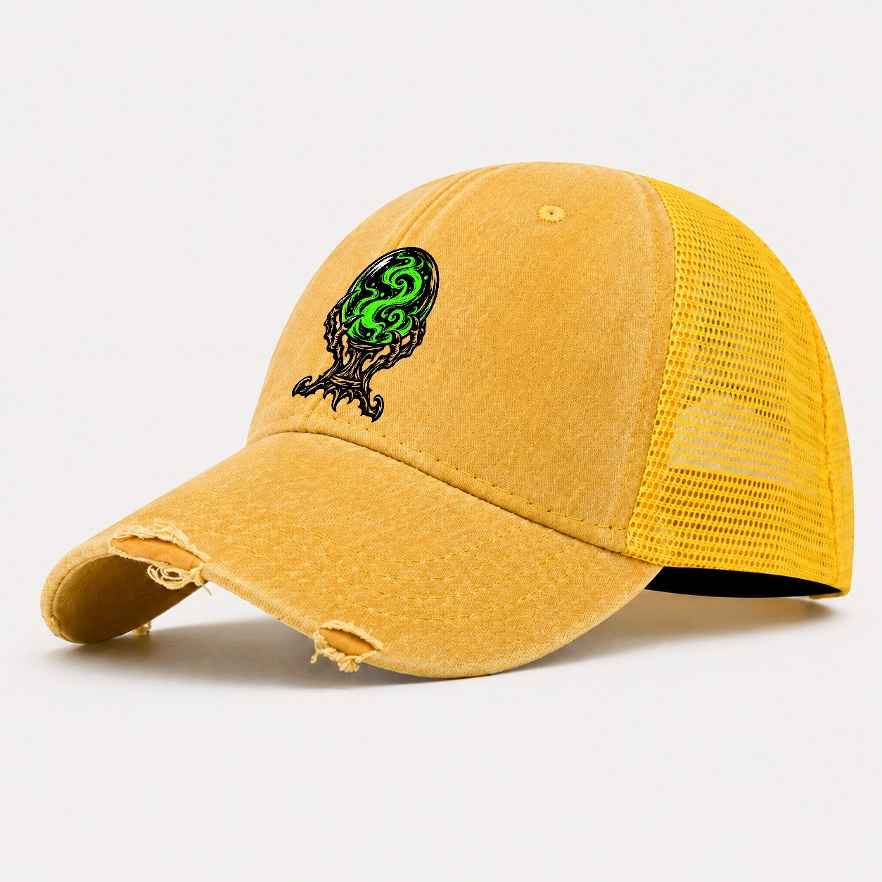Crystal Ball On A Claw Stand Witch Magic Washed Trucker Hat – Yellow