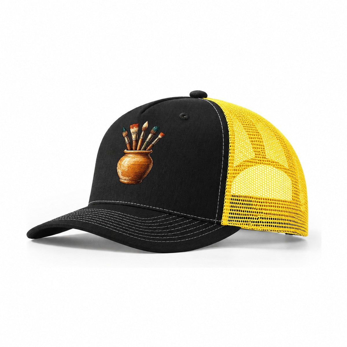 Paintbrush Jar In Ochre Pastimes Companions Trucker Hat – Black Yellow