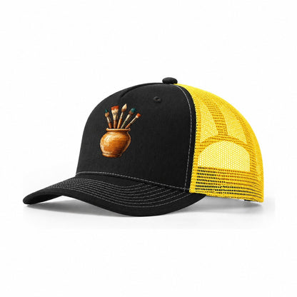 Paintbrush Jar In Ochre Pastimes Companions Trucker Hat – Black Yellow