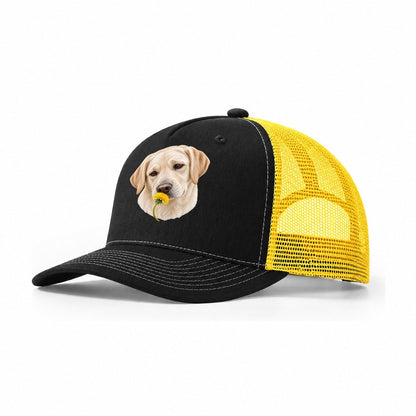 Cream Labrador Dandelion Pause Pastimes Companions Trucker Hat – Black Yellow