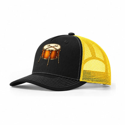 Felt Mallets Over Floor Tom Pastimes Companions Trucker Hat – Black Yellow