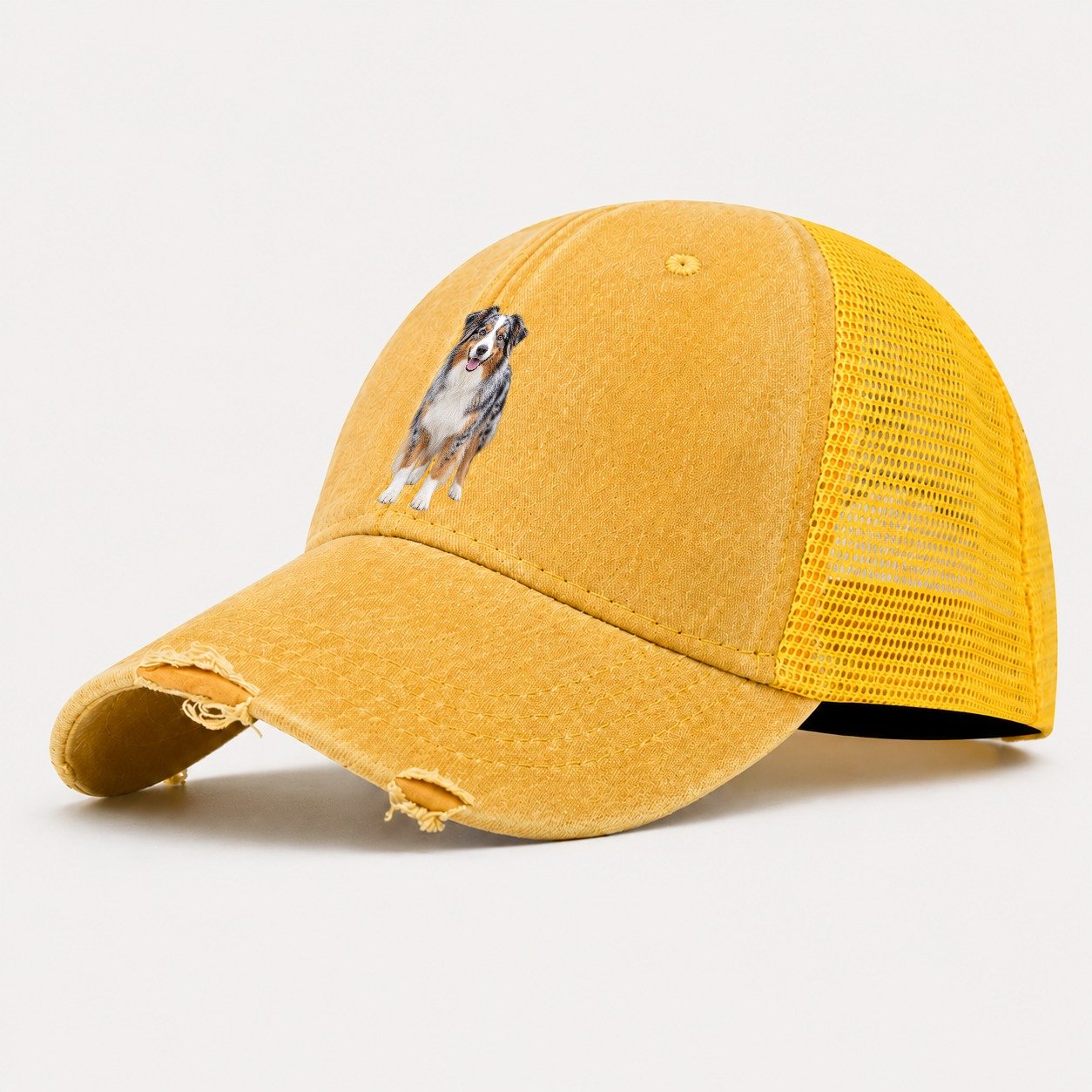 Australian Shepherd Standing Top Breeds Washed Trucker Hat – Yellow