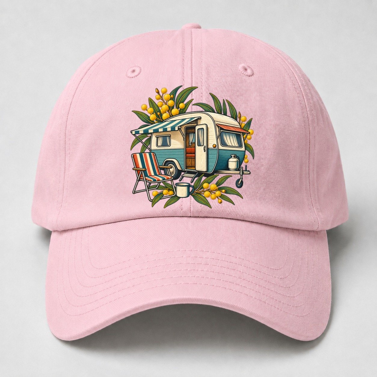 Retro Caravan Folding Chair And Enamel Mug Australia Cultural Icons Baseball Cap – Pink