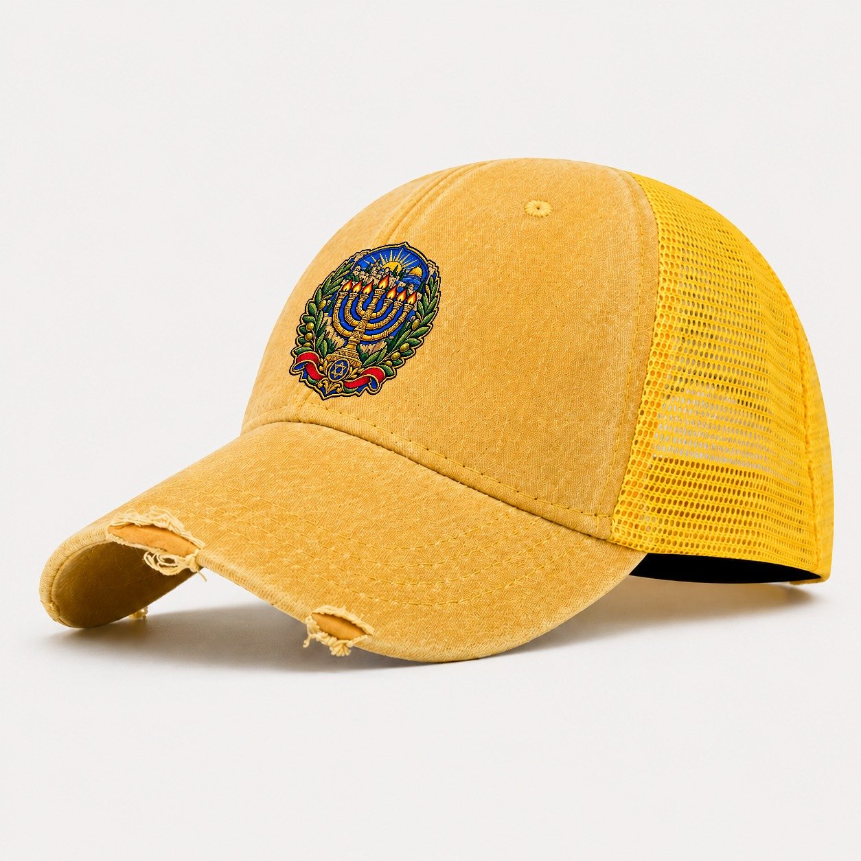 Temple Menorah Jerusalem Washed Trucker Hat – Yellow