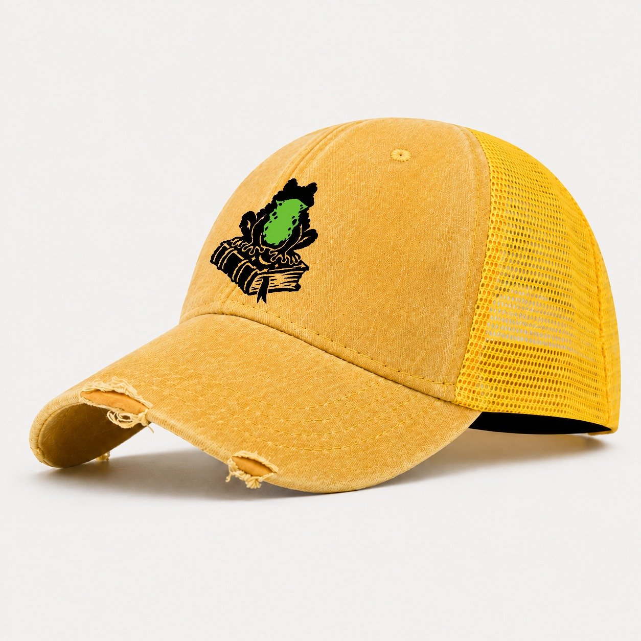 Familiar Toad On A Spellbook Witch Magic Washed Trucker Hat – Yellow