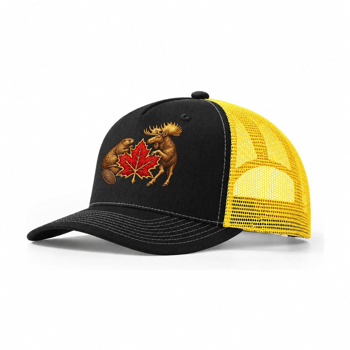 Canada Beaver And Moose Trucker Hat – Black Yellow