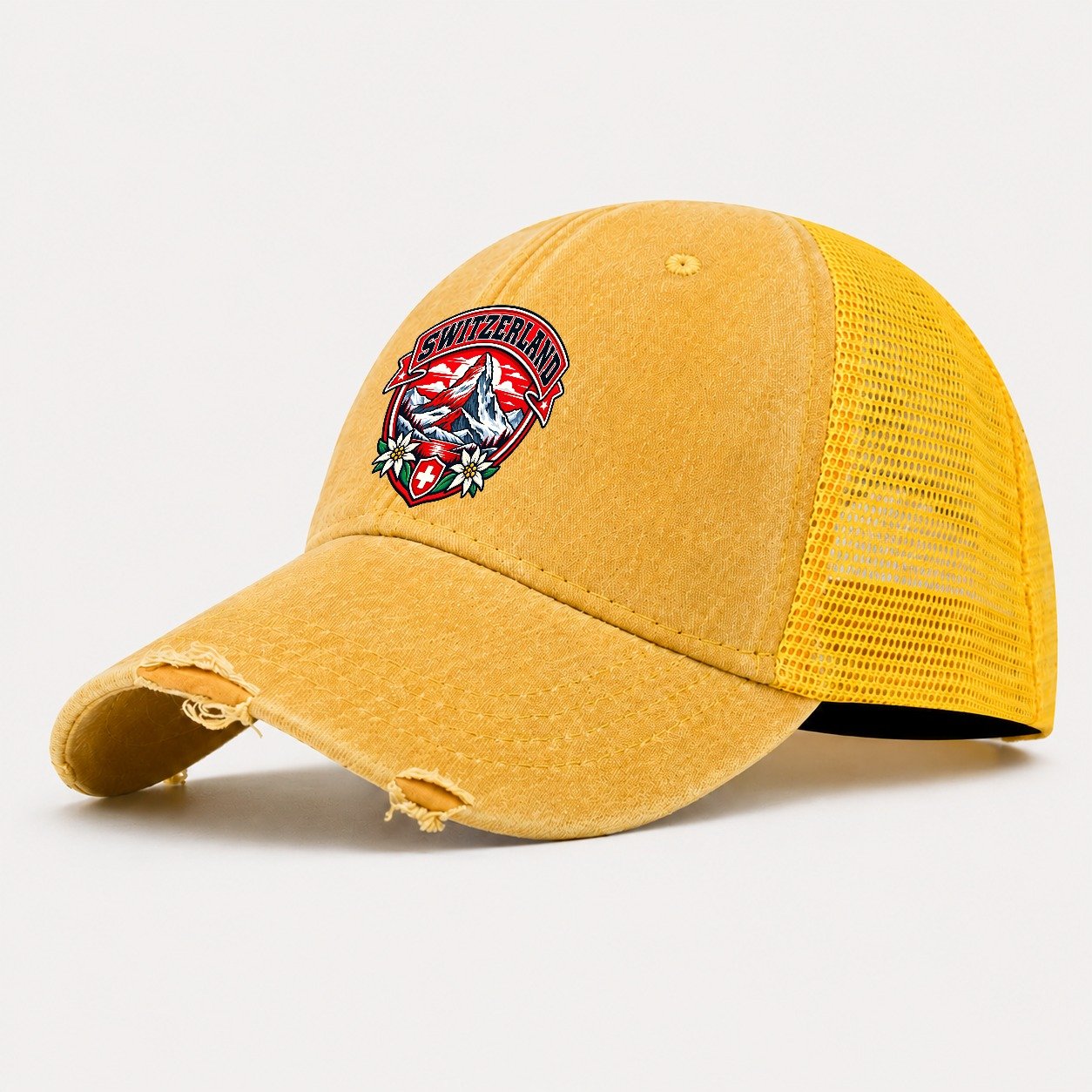 Switzerland Retro Badge Country Logos Washed Trucker Hat – Yellow