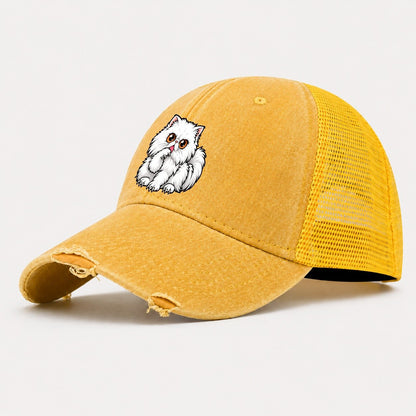 White Persian Grooming Peeking Cats Washed Trucker Hat – Yellow