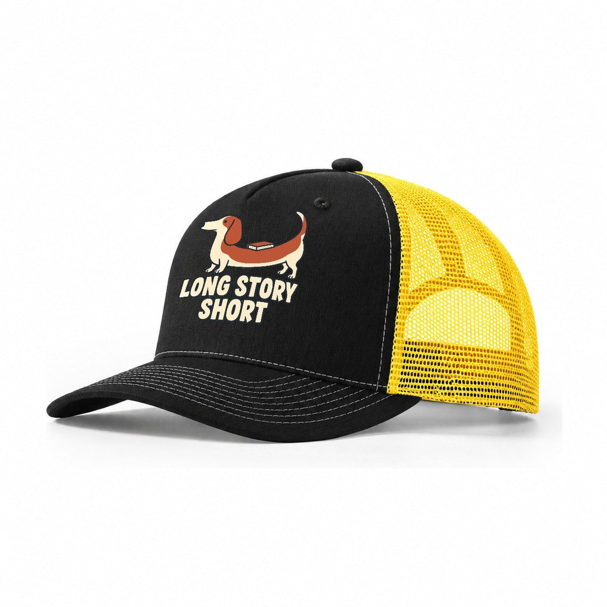 Long Story Short Familiar Punchlines Trucker Hat – Black Yellow