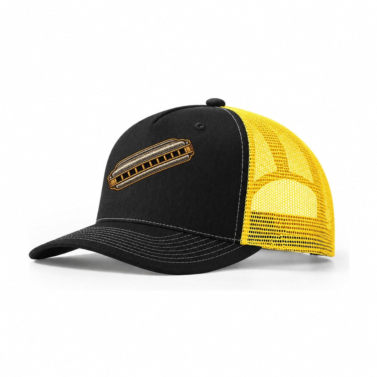 Ten Hole Harmonica Trucker Hat – Black Yellow