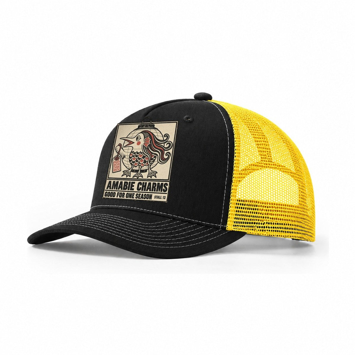 Amabie Charms Yokai Night Market Trucker Hat – Black Yellow