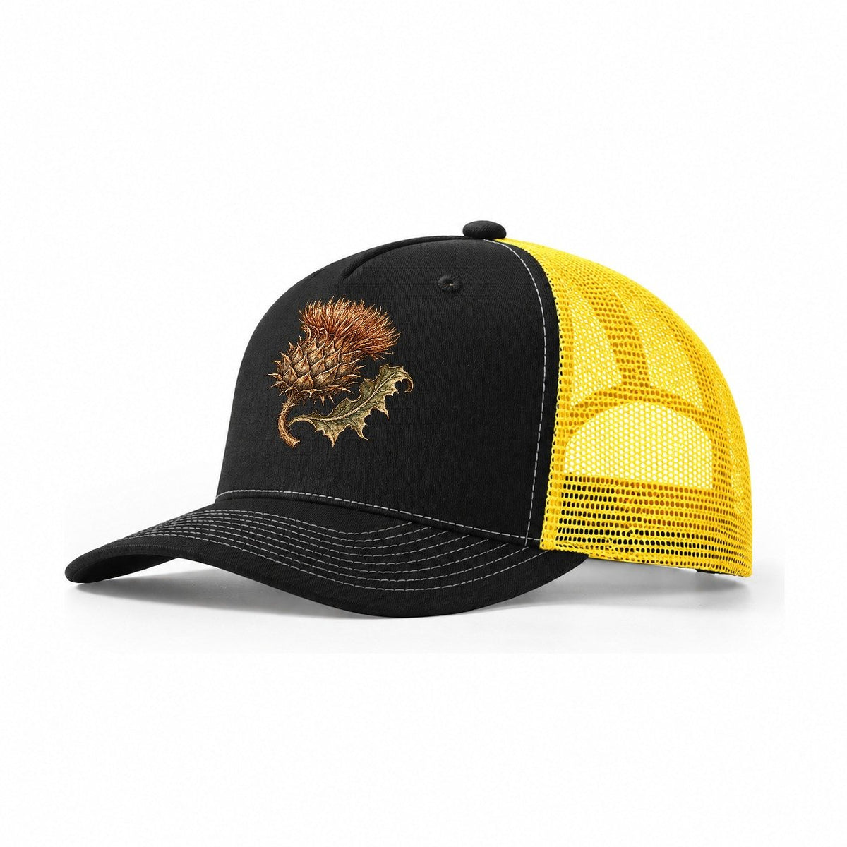 Copper Thistle Curled Leaf Pastimes Companions Trucker Hat – Black Yellow