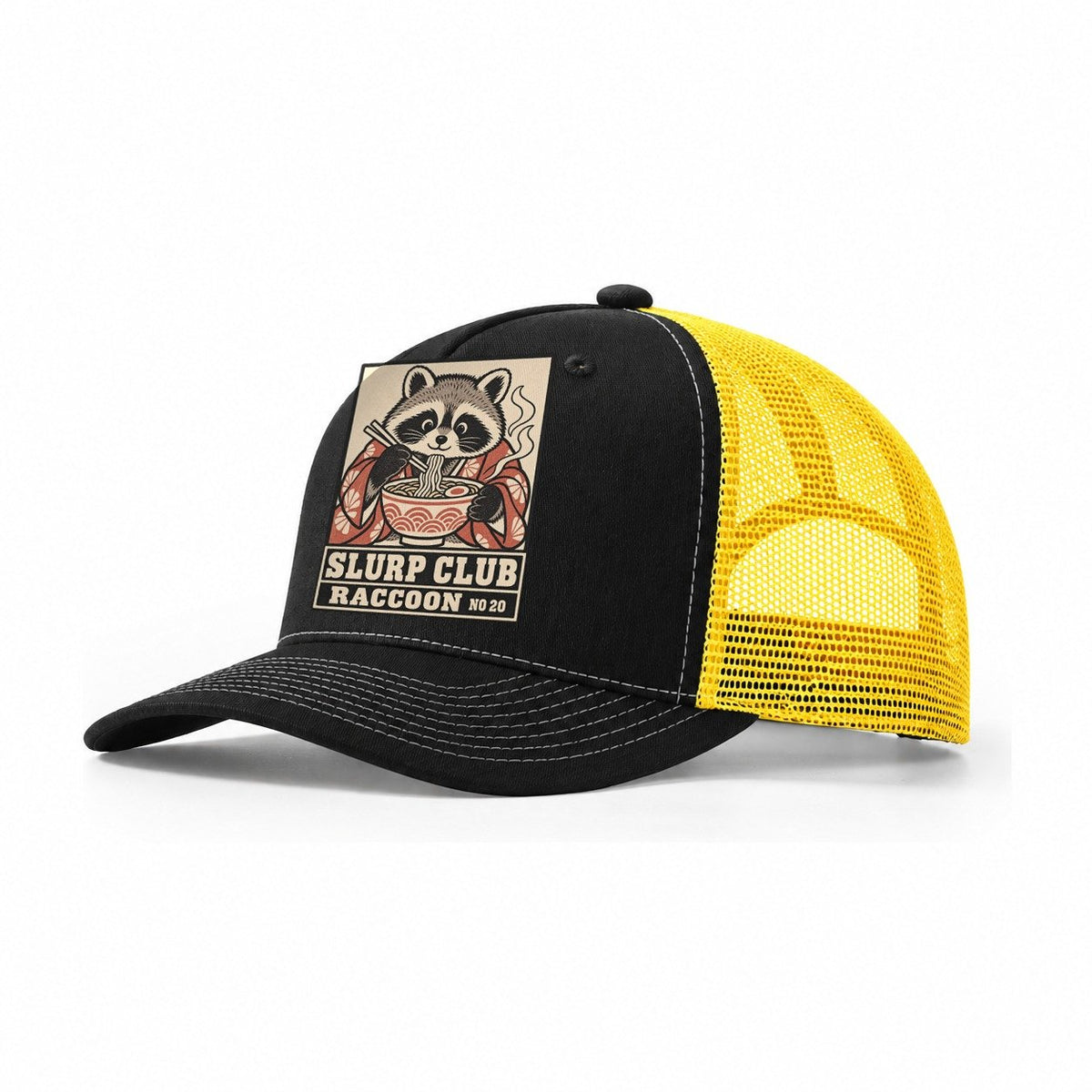 Raccoon Stolen Slurp Club Trucker Hat – Black Yellow