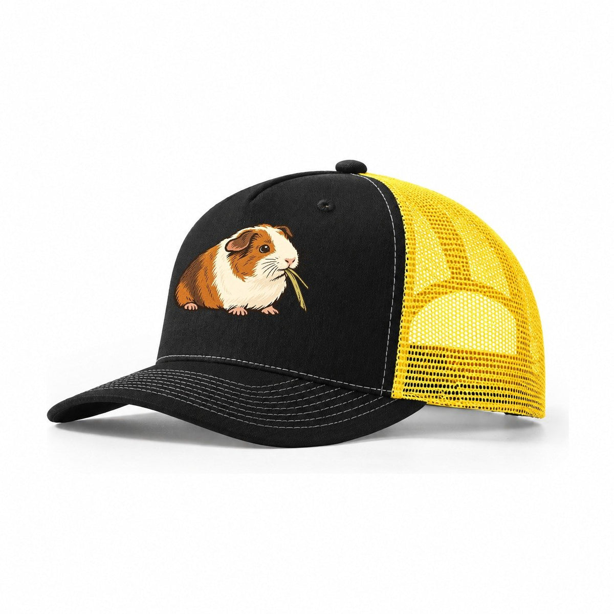 Guinea Pig Hay Bite Small Pet Logos Trucker Hat – Black Yellow