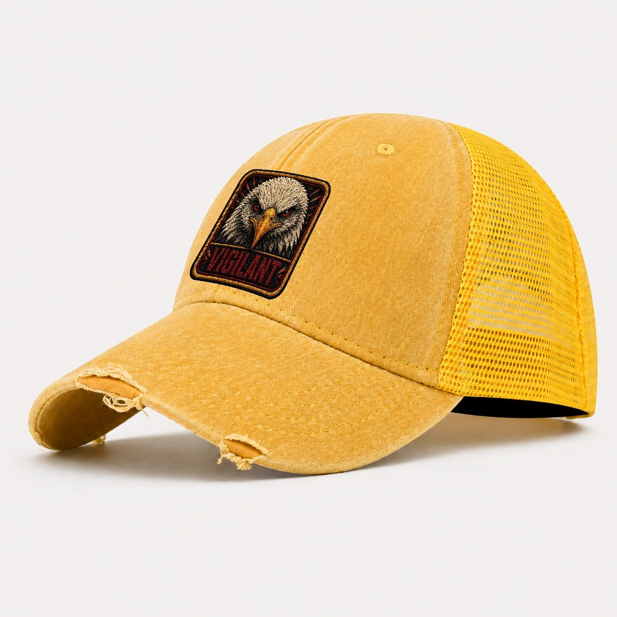 Eagle Vigilant Badge Washed Trucker Hat – Yellow