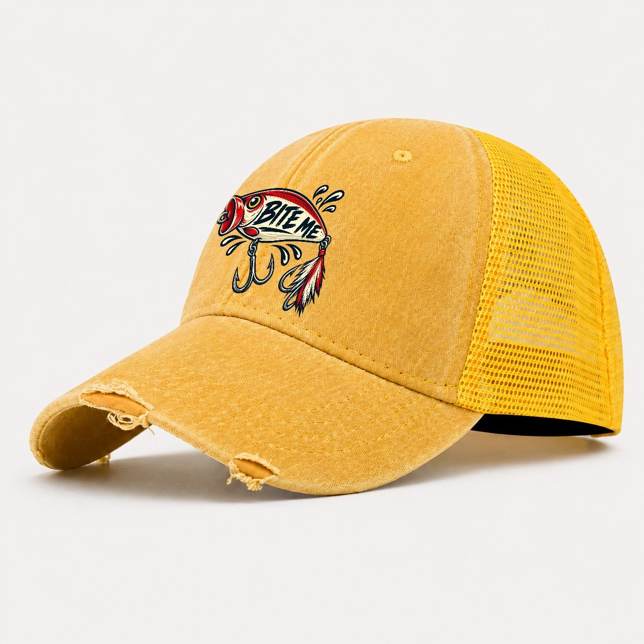 Bite Me Lure Fishing Elegant Washed Trucker Hat – Yellow