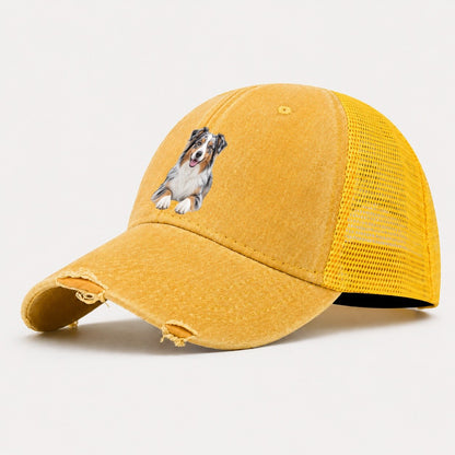 Australian Shepherd Sitting Top Breeds Washed Trucker Hat – Yellow