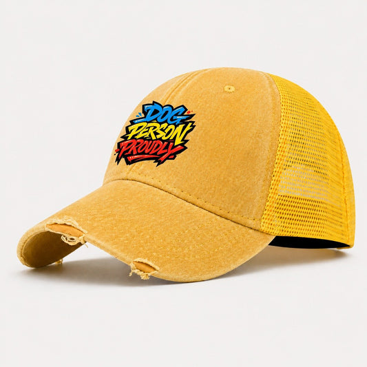 Dog Person Proudly Tee Graphic Washed Trucker Hat – Yellow