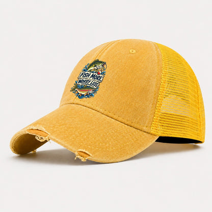 Fish More Worry Less Fishing Elegant Washed Trucker Hat – Yellow