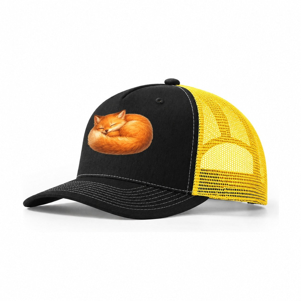 Sleeping Curled Fox Trucker Hat – Black Yellow