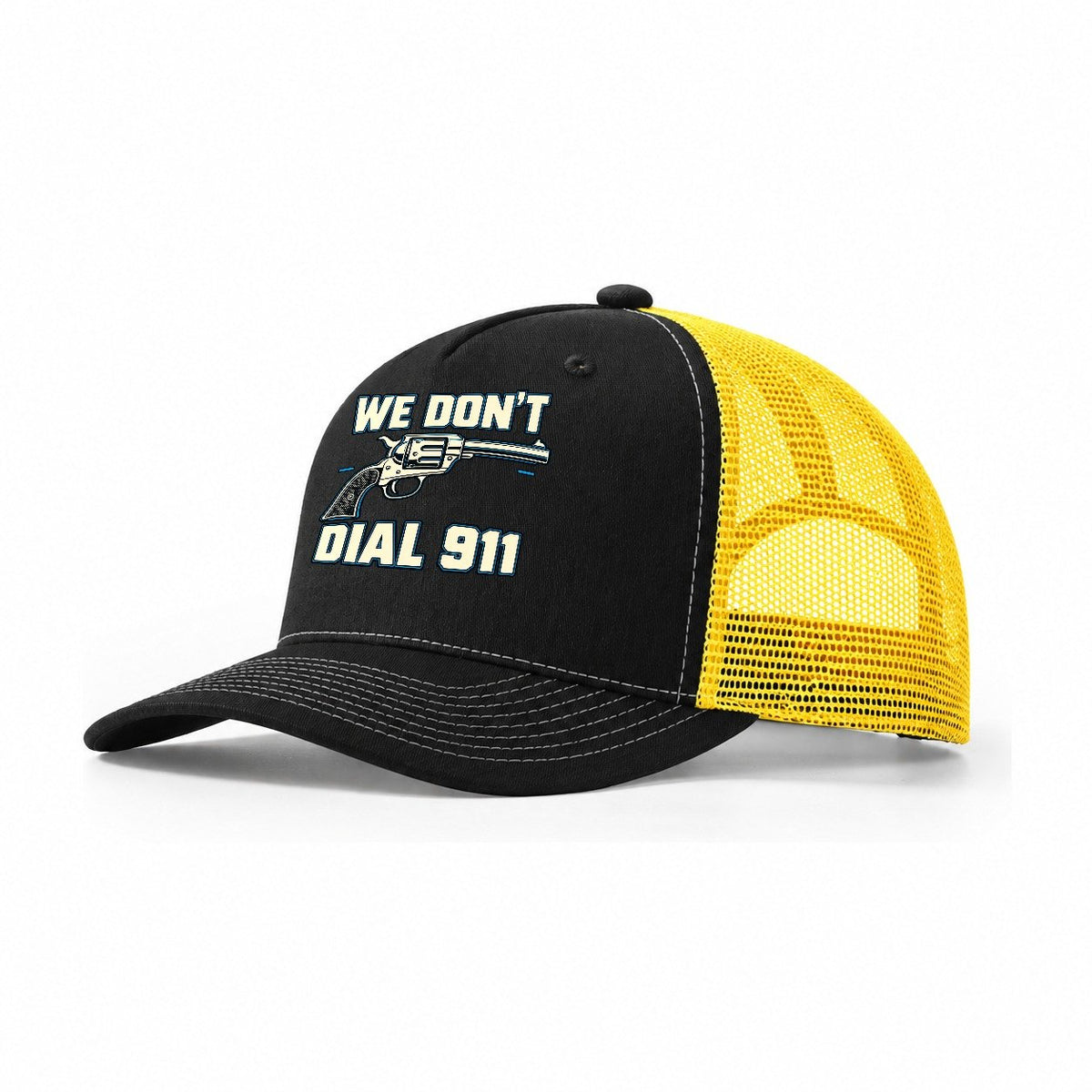 Technical Grid We Don't Dial 911 Trucker Hat – Black Yellow