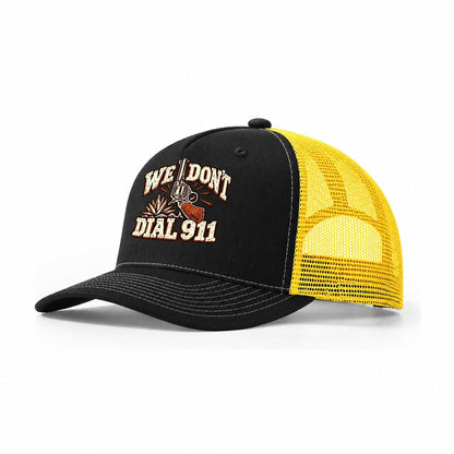 Ranch Linocut We Don't Dial 911 Trucker Hat – Black Yellow