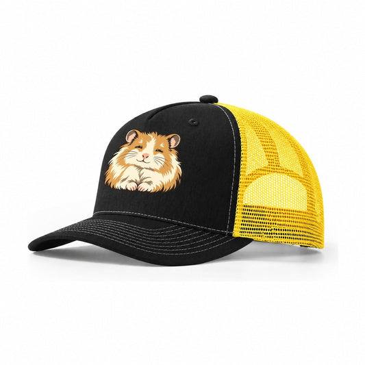 Syrian Hamster Sleepy Eyes Small Pet Logos Trucker Hat – Black Yellow